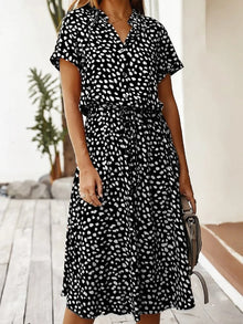 Ulvienne Summer Dress Women – Midi Dress with Short Sleeves with Waist Belt & Trendy Print