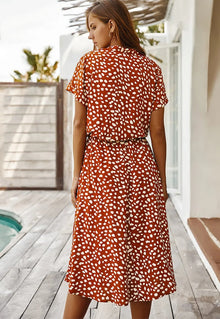 Ulvienne Summer Dress Women – Midi Dress with Short Sleeves with Waist Belt & Trendy Print