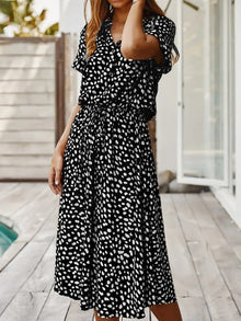 Ulvienne Summer Dress Women – Midi Dress with Short Sleeves with Waist Belt & Trendy Print