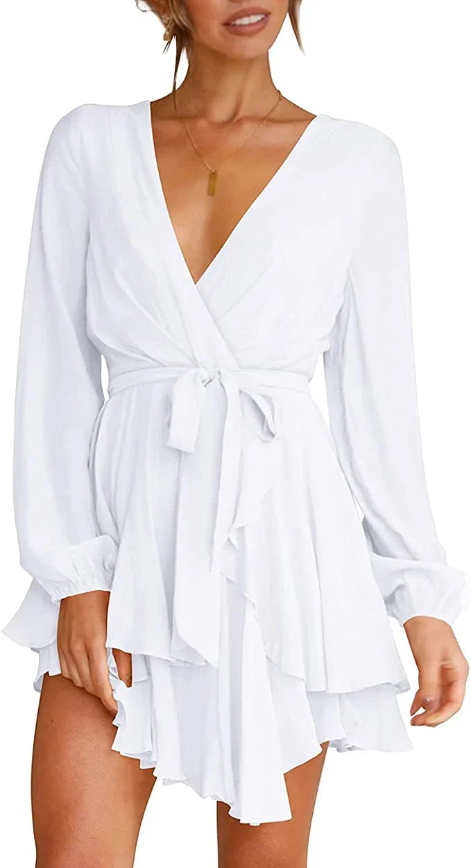 Cléo Short Women's Dress – Flared Dress with V-Neck, Belt & Long Sleeves