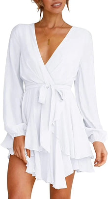 Cléo Short Women's Dress – Flared Dress with V-Neck, Belt & Long Sleeves