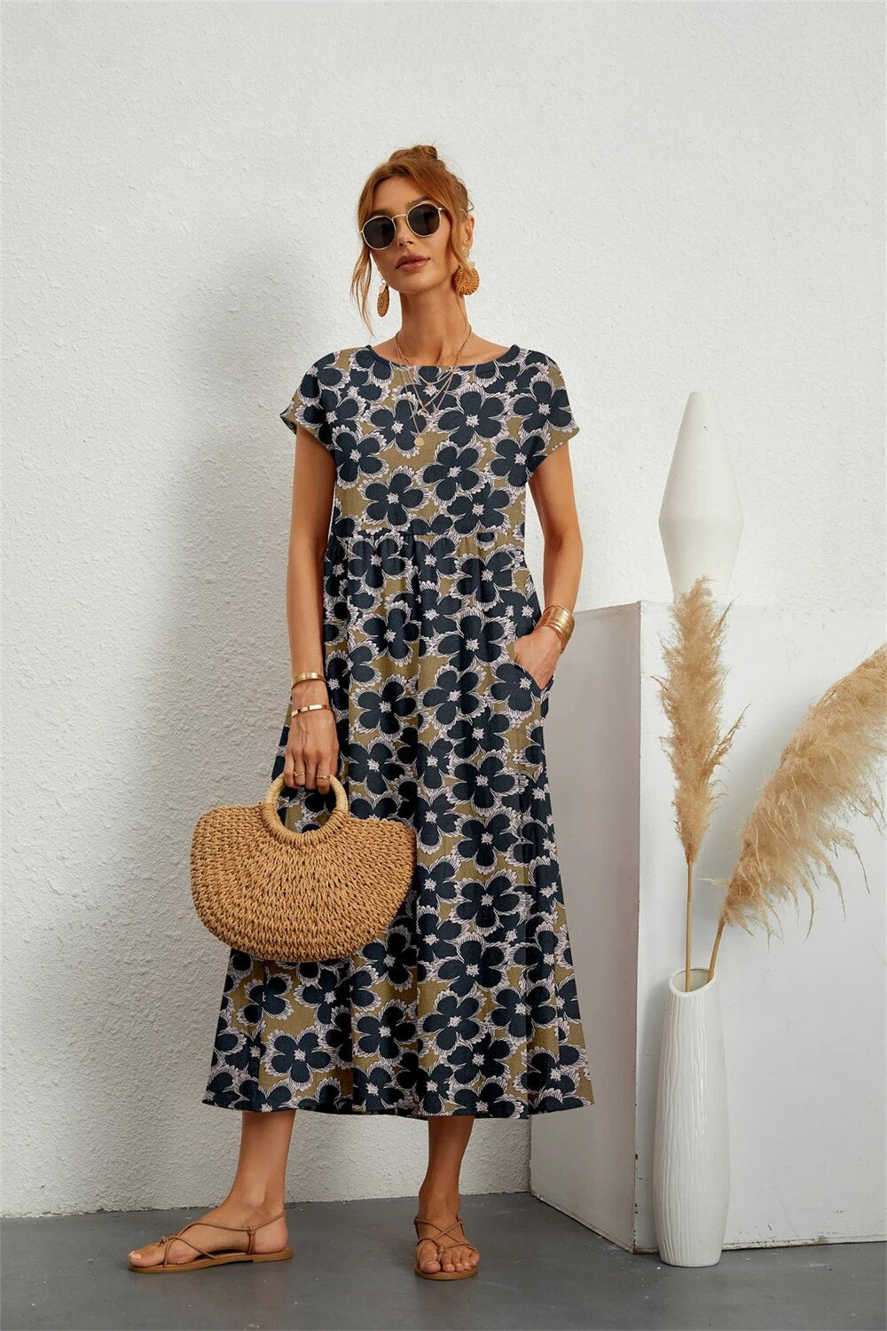 Henrielle Midi Dress Women – Elegant Floral Print, Short Sleeves & Comfortable Fit