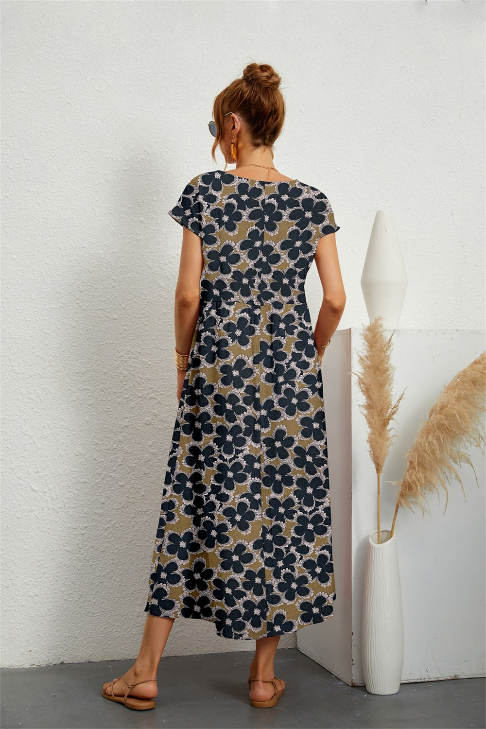 Henrielle Midi Dress Women – Elegant Floral Print, Short Sleeves & Comfortable Fit