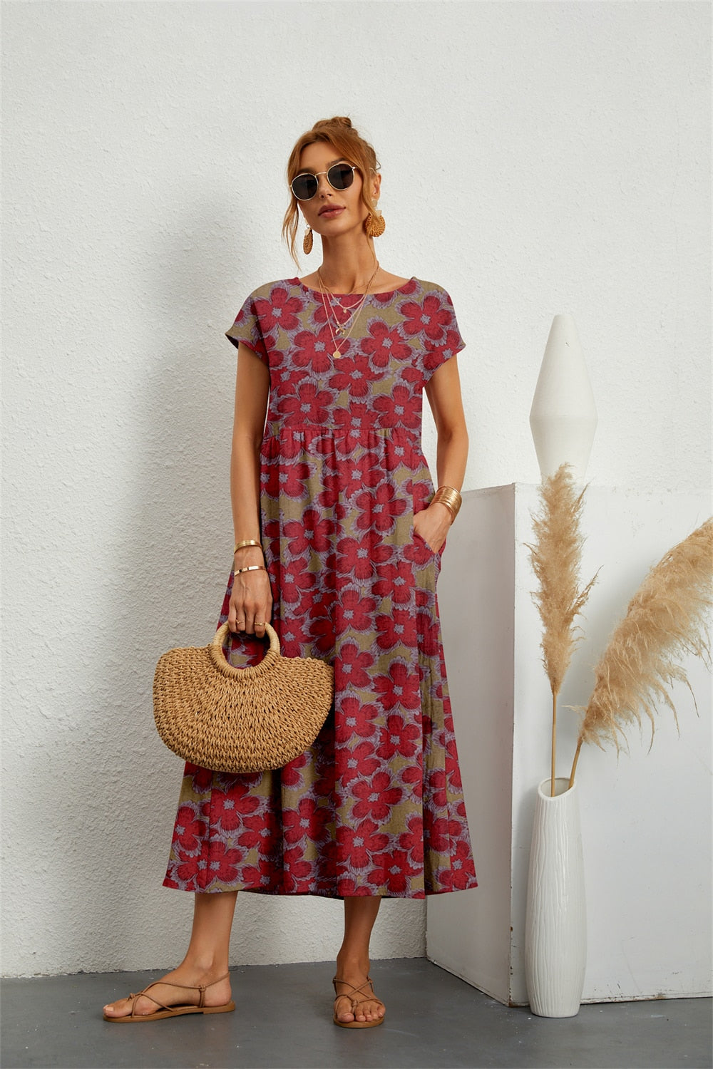 Henrielle Midi Dress Women – Elegant Floral Print, Short Sleeves & Comfortable Fit