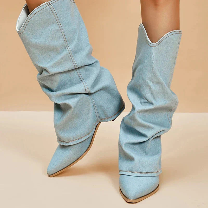 Leah Women's Jean Boots – Trendy Western Style with Soft Shaft & Low Block Heel