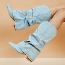 Leah Women's Jean Boots – Trendy Western Style with Soft Shaft & Low Block Heel