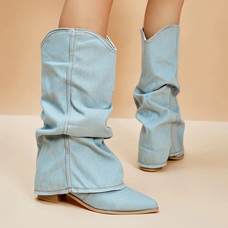 Leah Women's Jean Boots – Trendy Western Style with Soft Shaft & Low Block Heel