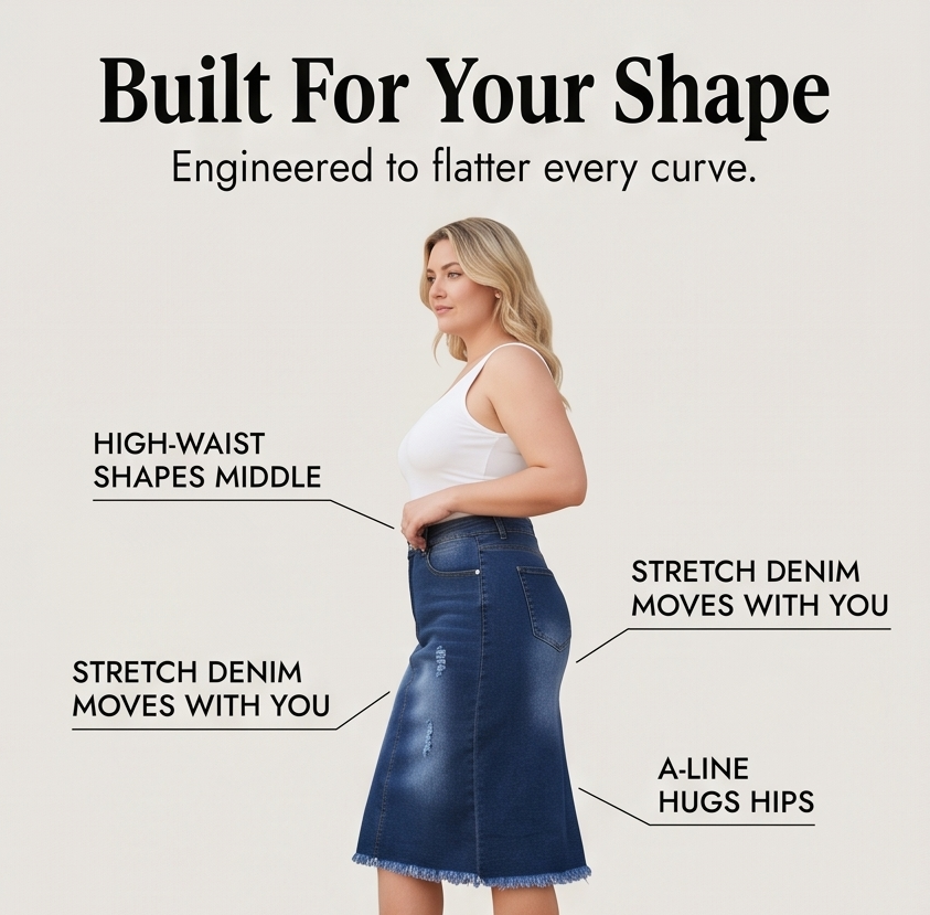 Veluna – Curve-Flattering Frayed Hem Denim Skirt