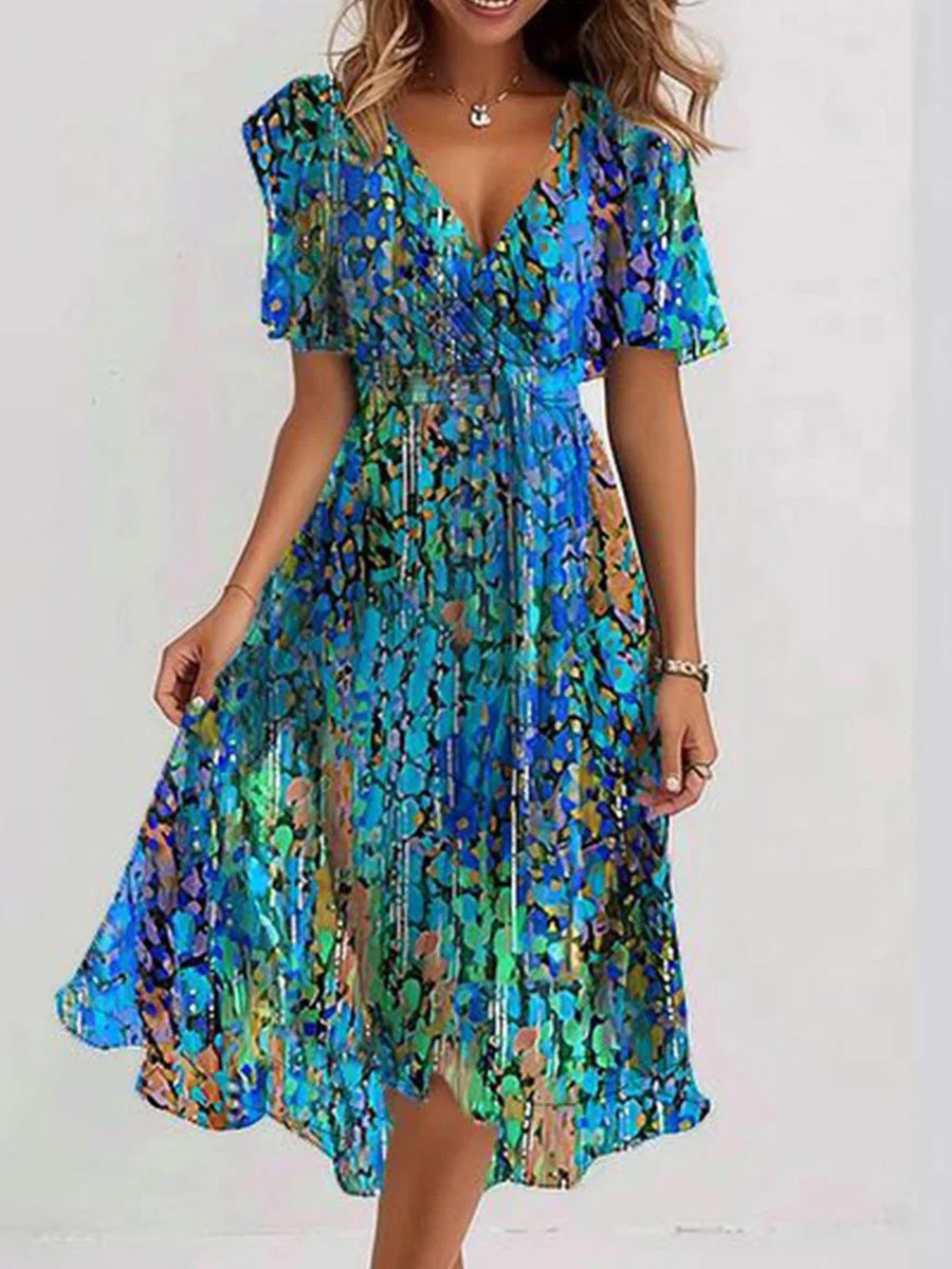 Kalea Robe Midi Woman – Blue Dress with Short Sleeves, V Neck & Elegant Cut