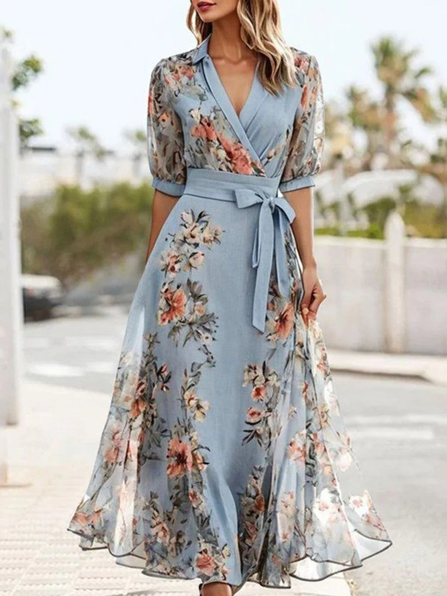 Leona Midi Dress Women – V Neck Blue, Short Sleeves & Casual Fit
