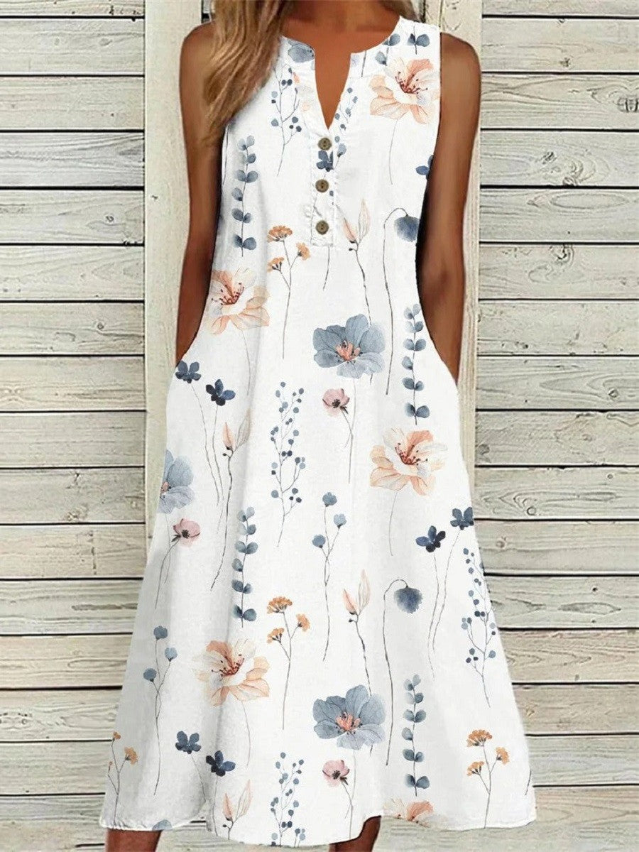 Dorothy Summer Dress Woman – White Floral Print, Sleeveless, V-Neck & Casual Midi Length