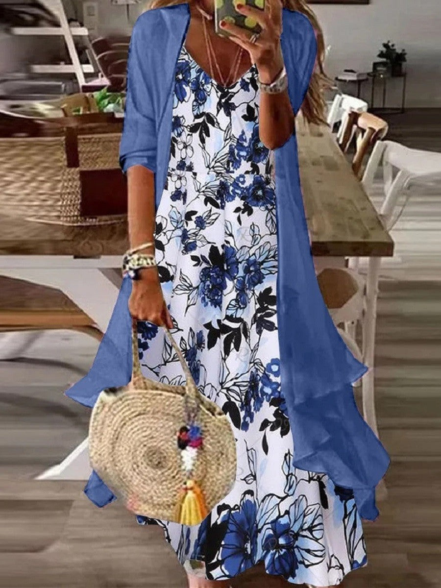 Beautiful Summer Dress Two-Piece Woman – Blue Set with V-Neck & Floral Print