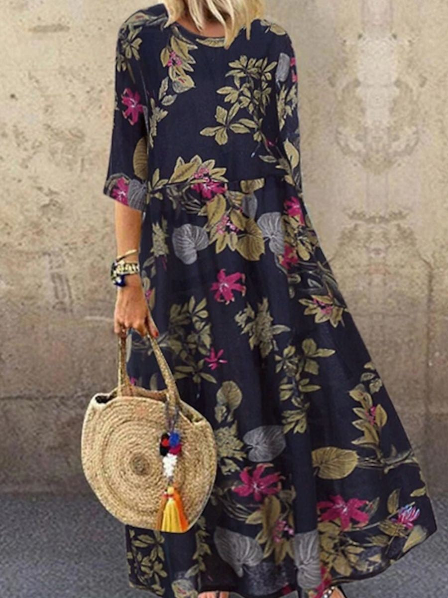 Luna Robe Midi Femme – Navy Blue Floral Print, Round Neck & Mid-Length Sleeves