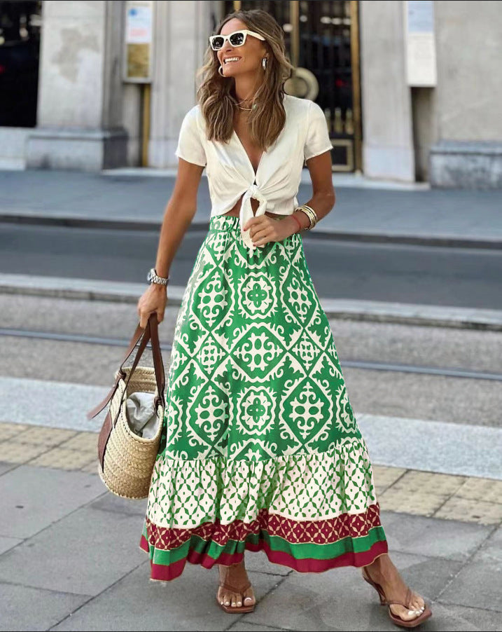 Alice Long Skirt Women – Flowing Skirt with Geometric Pattern and Comfortable Elastic Waistband