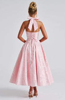 Iris Robe Midi Femme – Backless Dress in Floral Jacquard with Fitted Bodice & Flared Skirt