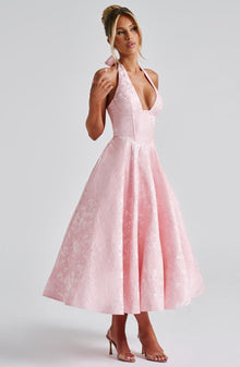 Iris Robe Midi Femme – Backless Dress in Floral Jacquard with Fitted Bodice & Flared Skirt