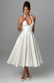 Iris Robe Midi Femme – Backless Dress in Floral Jacquard with Fitted Bodice & Flared Skirt