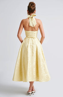 Iris Robe Midi Femme – Backless Dress in Floral Jacquard with Fitted Bodice & Flared Skirt
