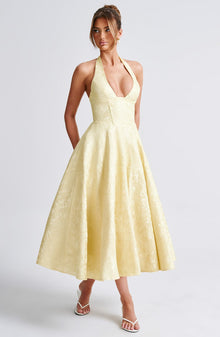 Iris Robe Midi Femme – Backless Dress in Floral Jacquard with Fitted Bodice & Flared Skirt