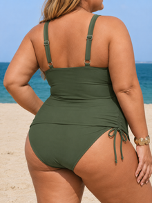 Adjustable-side tankini set in olive green with a sweetheart neckline, supportive straps, and drawstring details at the sides.