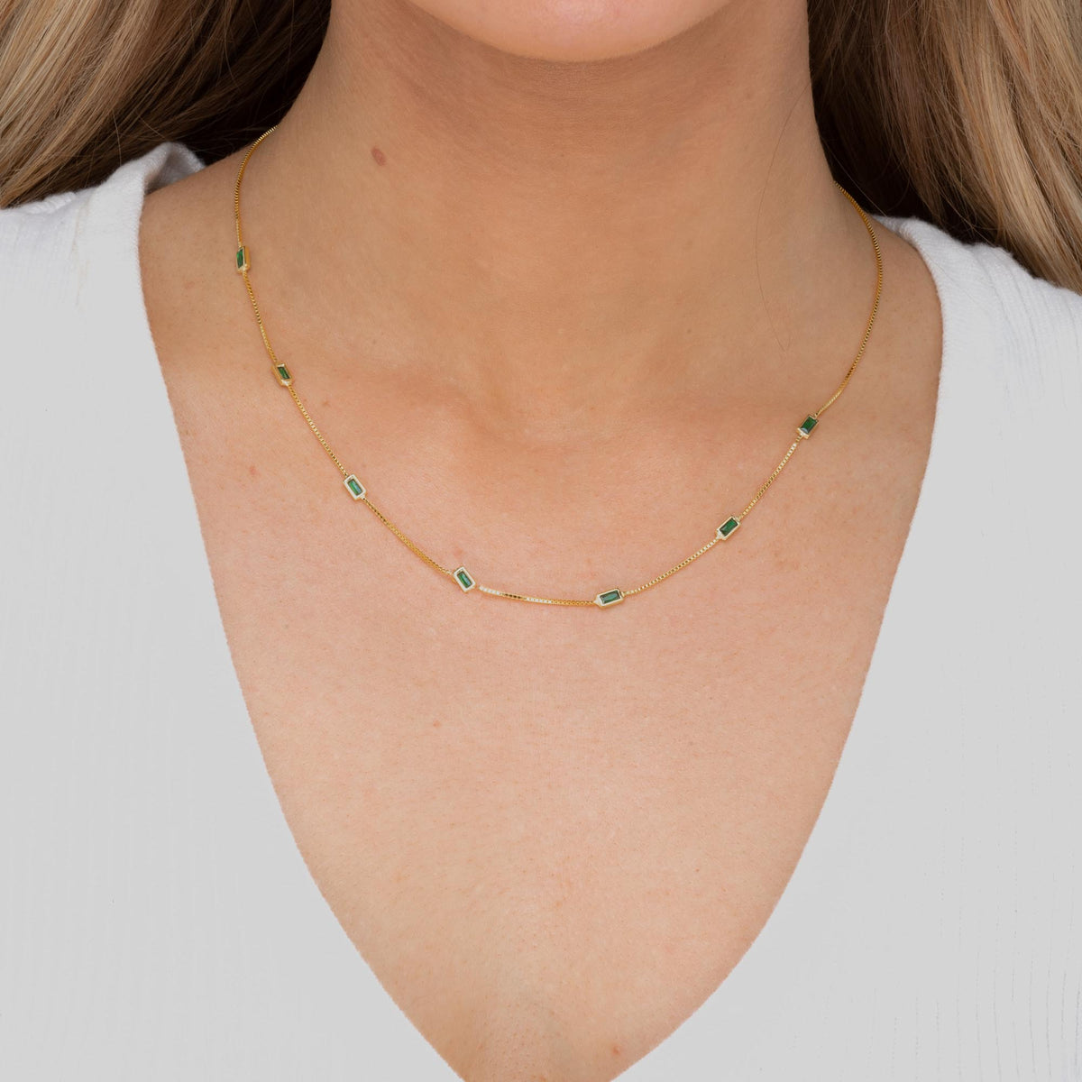 Emerald Baguette Station Necklace