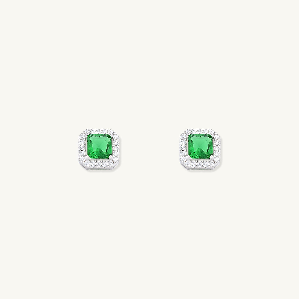 Emerald Square Pave Halo Stud Earrings