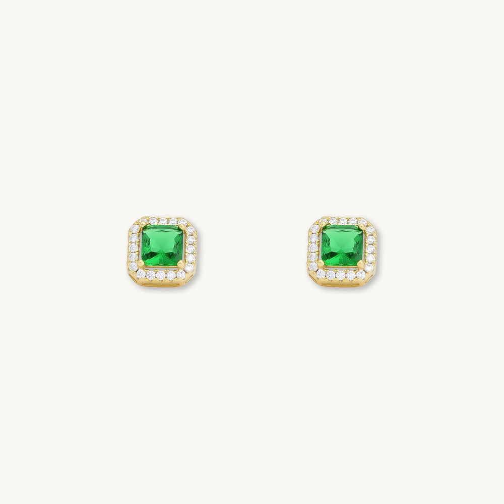 Emerald Square Pave Halo Stud Earrings