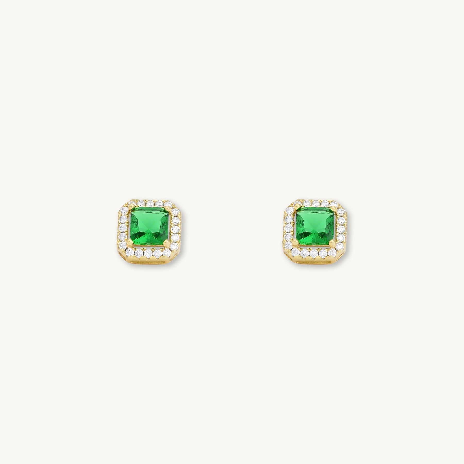 Emerald Square Pave Halo Stud Earrings