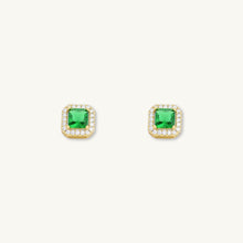 Emerald Square Pave Halo Stud Earrings