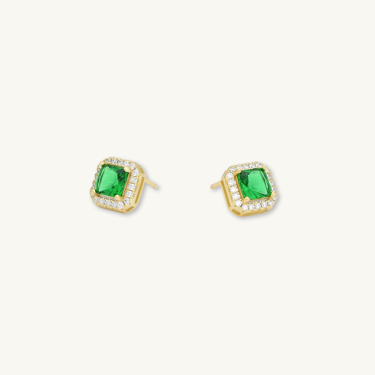 Emerald Square Pave Halo Stud Earrings