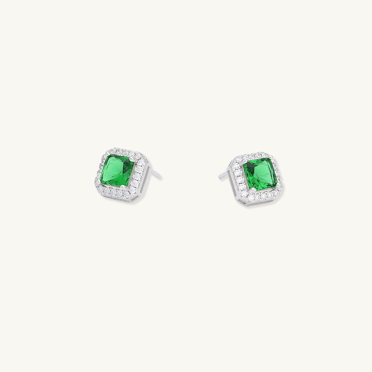 Emerald Square Pave Halo Stud Earrings