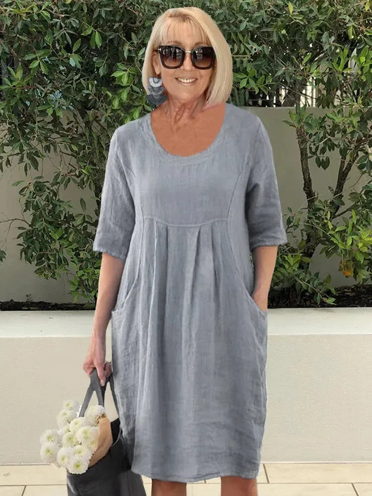 Dorothy Robe Femme – Solid Cotton-Linen Midi Tunic with Practical Pockets & Casual Style