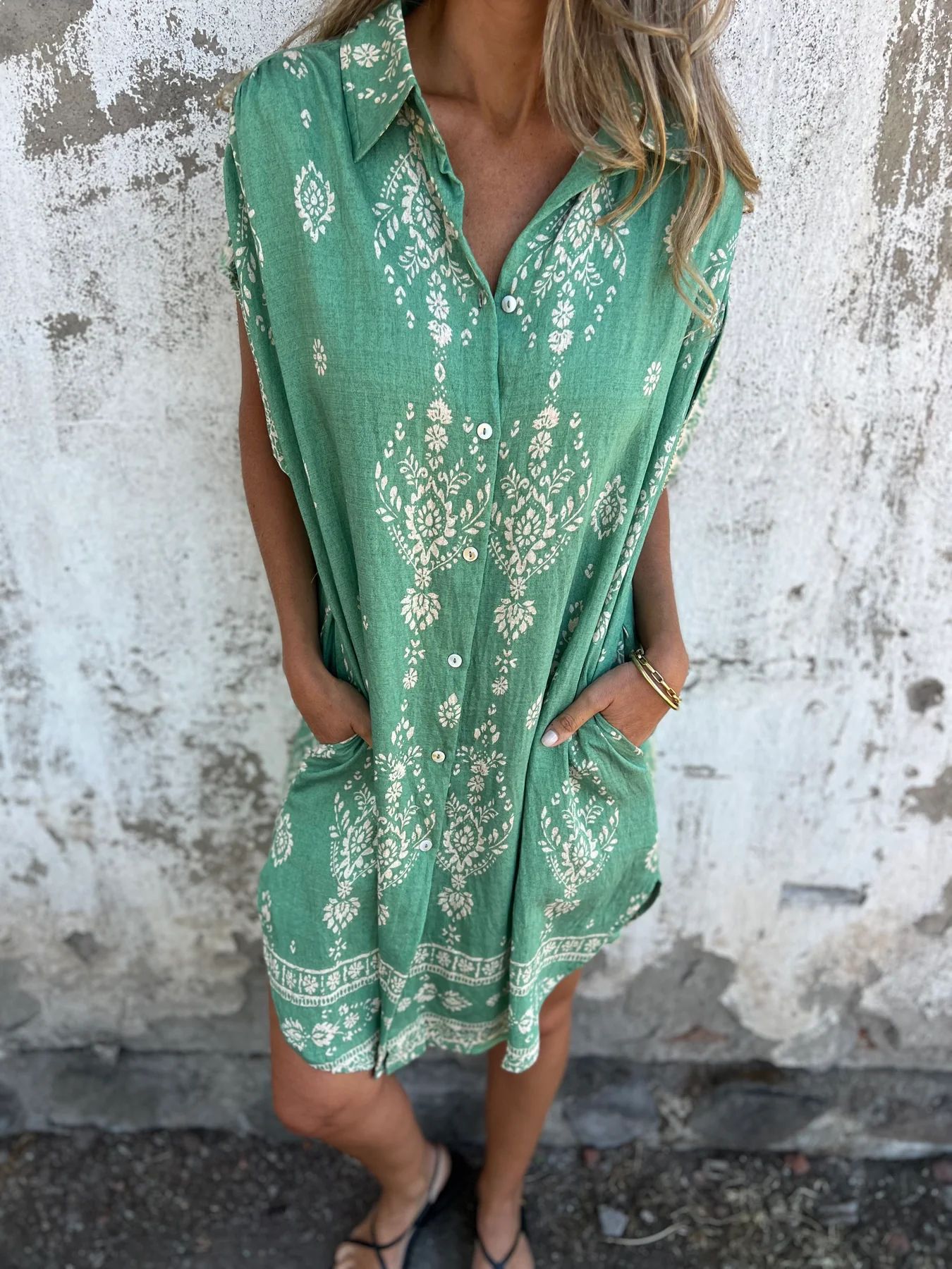 Grace Summer Dress Woman – Cotton and Linen Dress with Short Sleeves, Pockets & Flared Cut