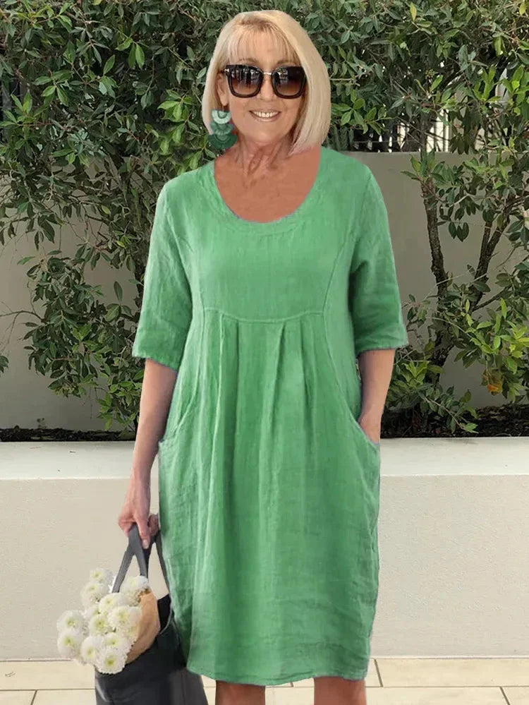 Dorothy Robe Femme – Solid Cotton-Linen Midi Tunic with Practical Pockets & Casual Style