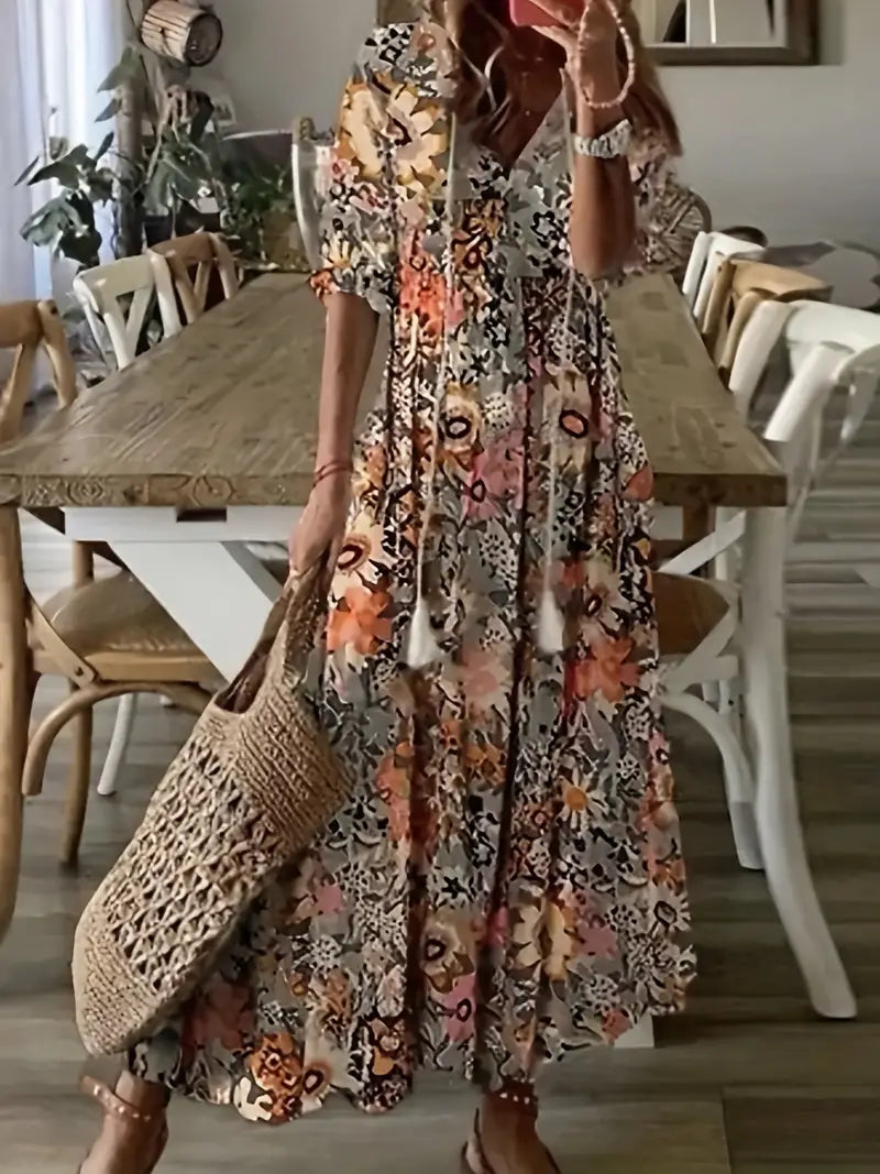 Bohemian Dress Woman Charm – Elegant Summer Dress with Ruffles with V Neck & Ikat Pattern