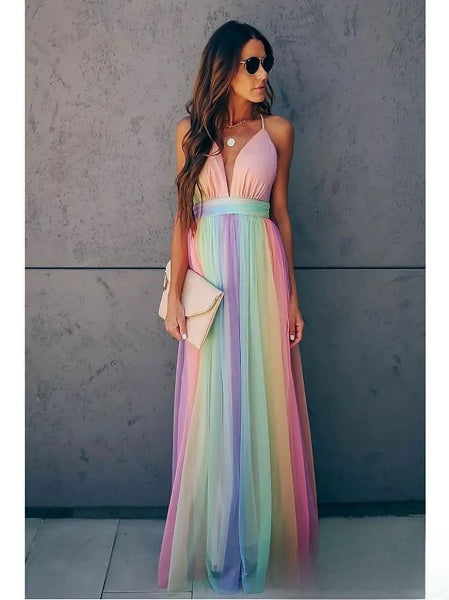 Isabelle Long Dress Woman – Elegant Gradient Rainbow Dress for Feminine Summer Look