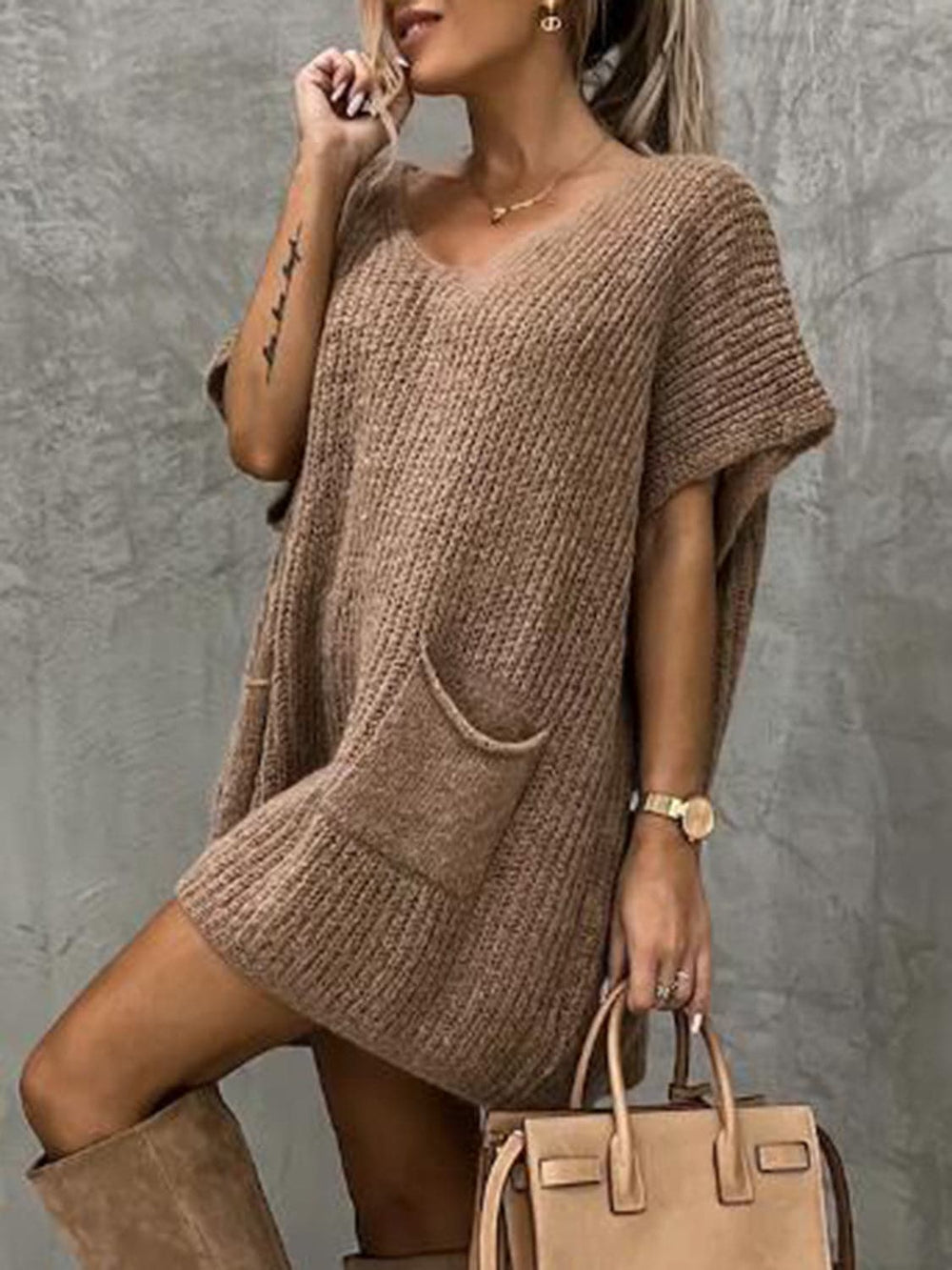 Francesca Knitted Dress for Women – Soft Knit with V-Neck, Relaxed Fit, Short Sleeves and Front Pockets