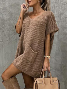 Francesca Knitted Dress for Women – Soft Knit with V-Neck, Relaxed Fit, Short Sleeves and Front Pockets