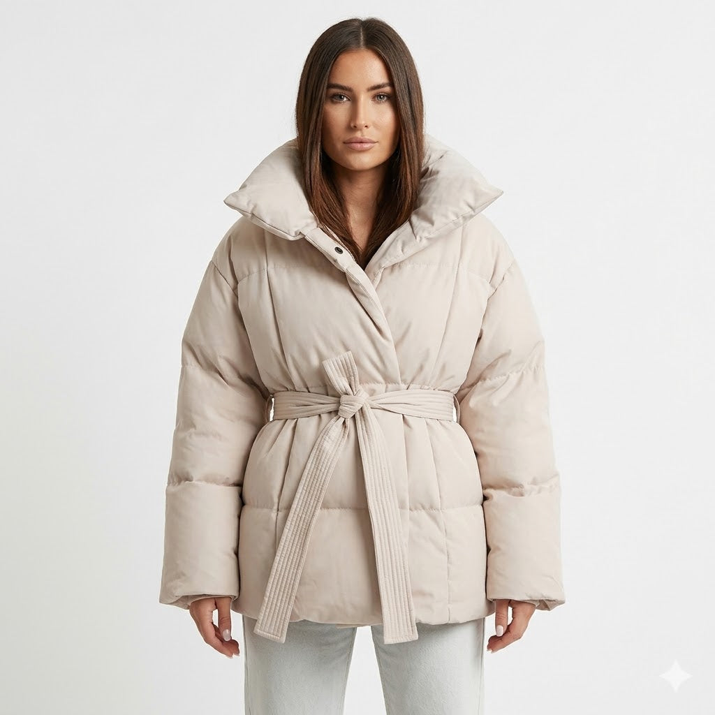Amelie Dubois | Belted Puffer Jacket With Luxe Collar For Women