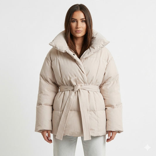 Amelie Dubois | Belted Puffer Jacket With Luxe Collar For Women