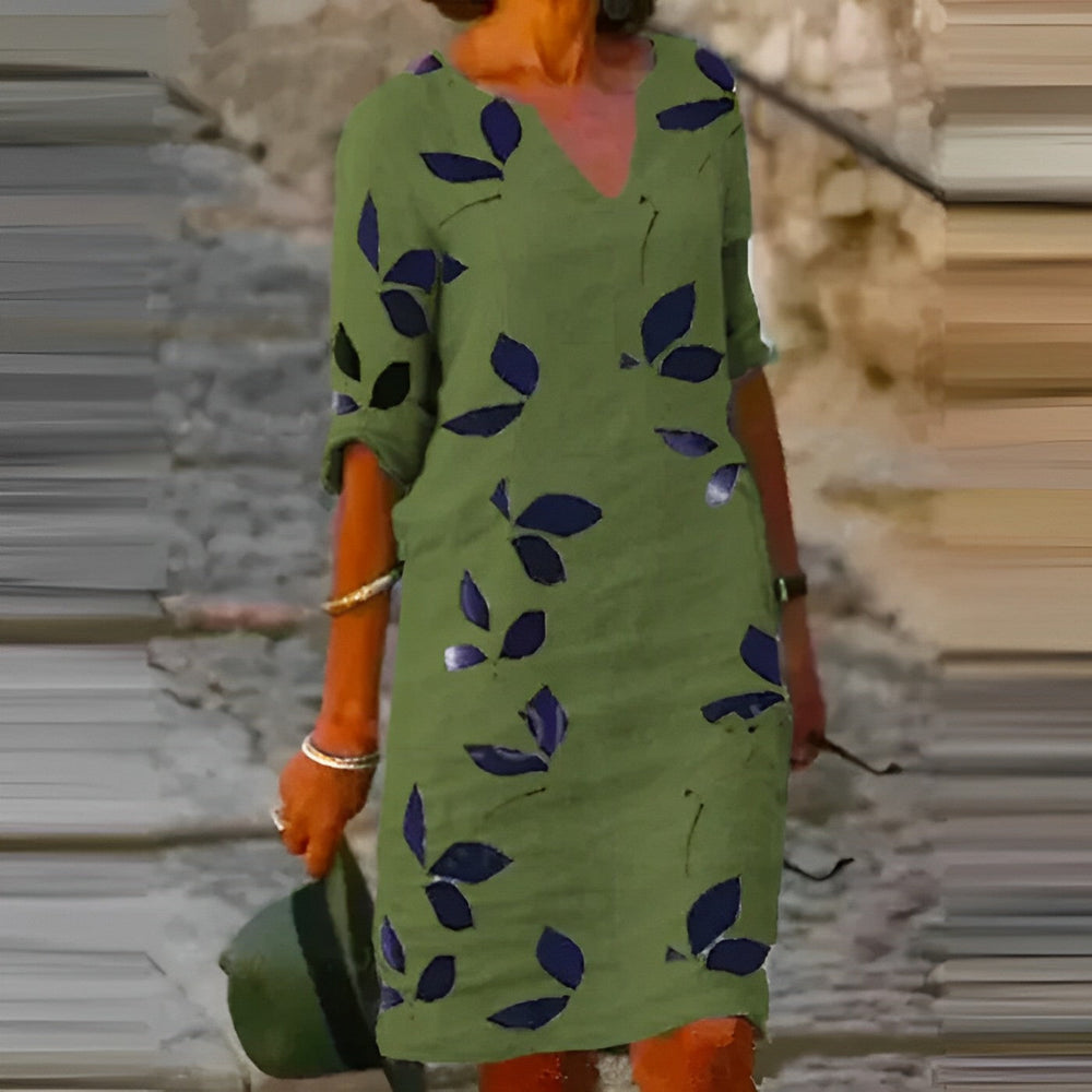 Demi Summer Dress Women – Elegant Dress with Leaf Print with V-Neck & 3/4 Sleeves for Hot Days