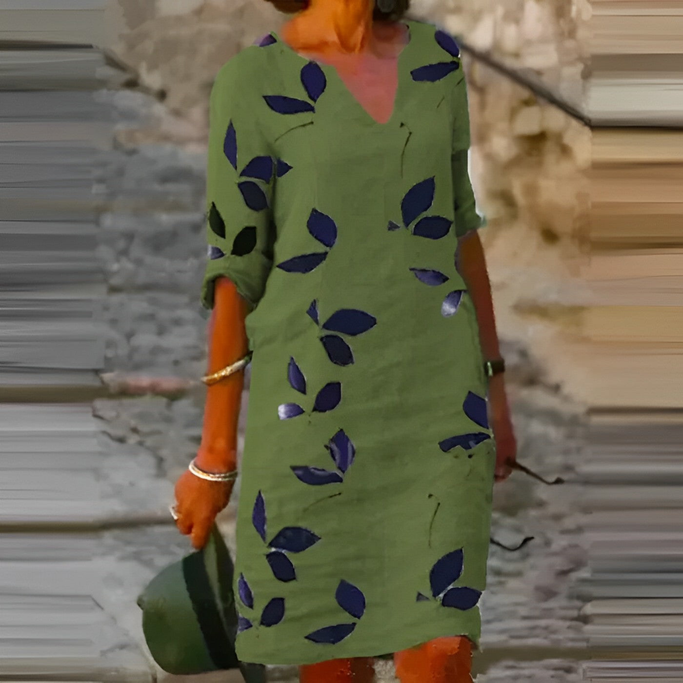 Demi Summer Dress Women – Elegant Dress with Leaf Print with V-Neck & 3/4 Sleeves for Hot Days