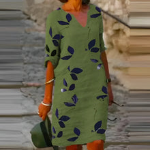 Demi Summer Dress Women – Elegant Dress with Leaf Print with V-Neck & 3/4 Sleeves for Hot Days
