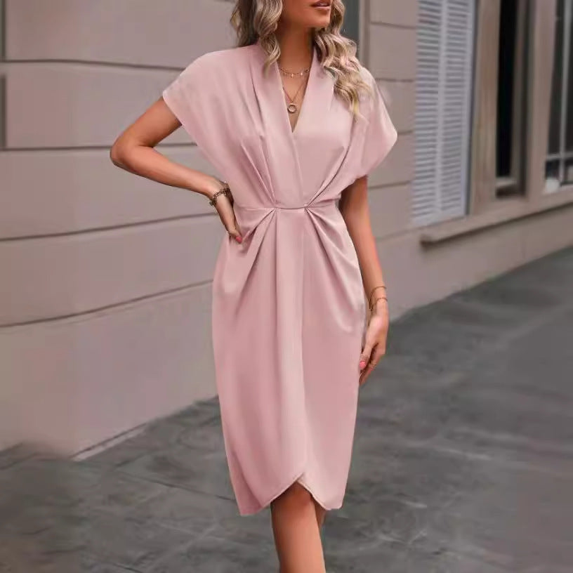 Louise Women's Dress – Trendy Dress with Batwing Sleeves, V-Neckline & Elegant Pleats