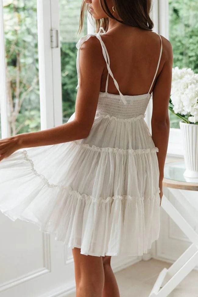 Charlotte Short Dress Women – Dress with Tied Straps with Elastic Waist & Ruffled Hem