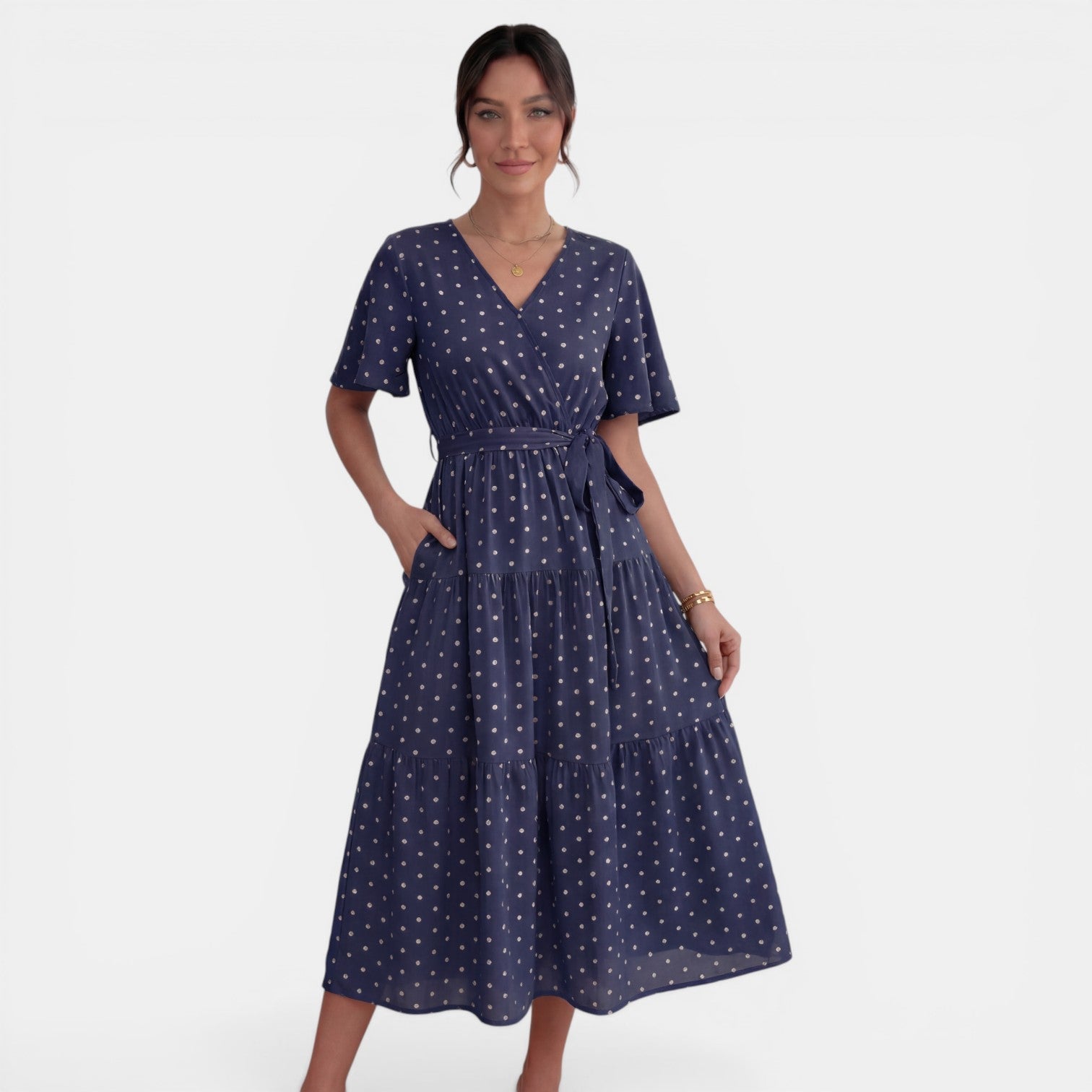 Women's V-Neck Polka Dot Midi Dress