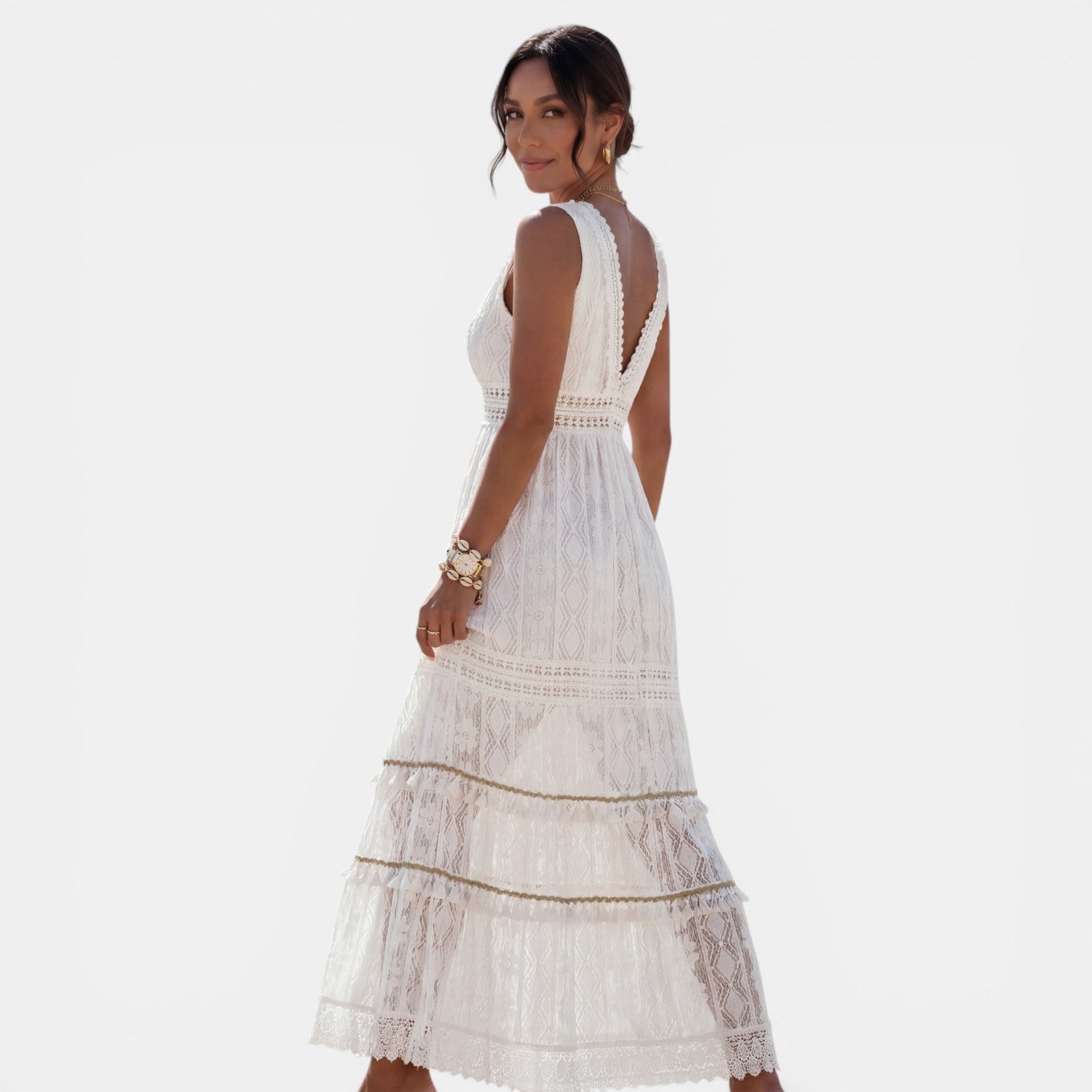 Women's Boho Lace V-Neck Maxi Dress