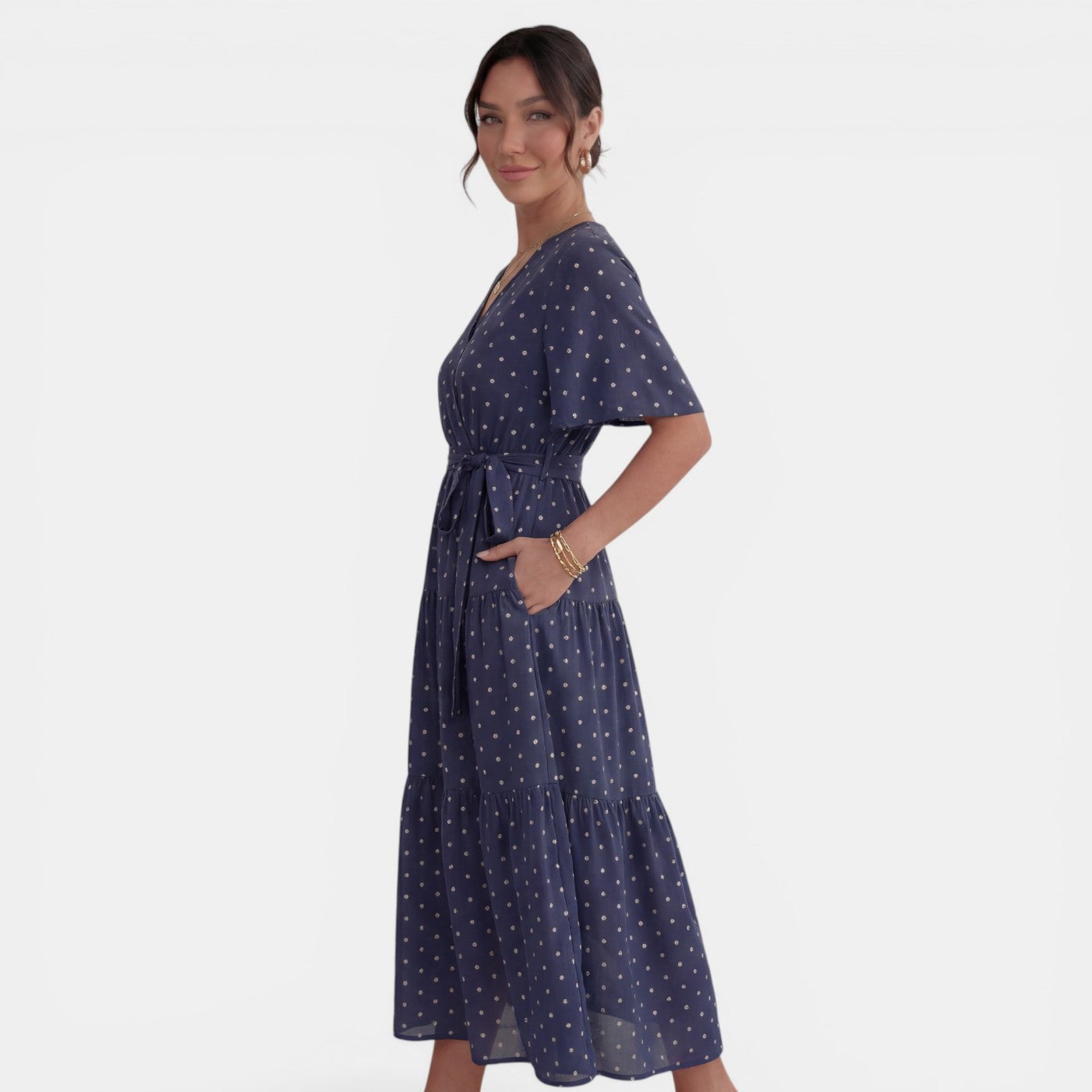 Women's V-Neck Polka Dot Midi Dress