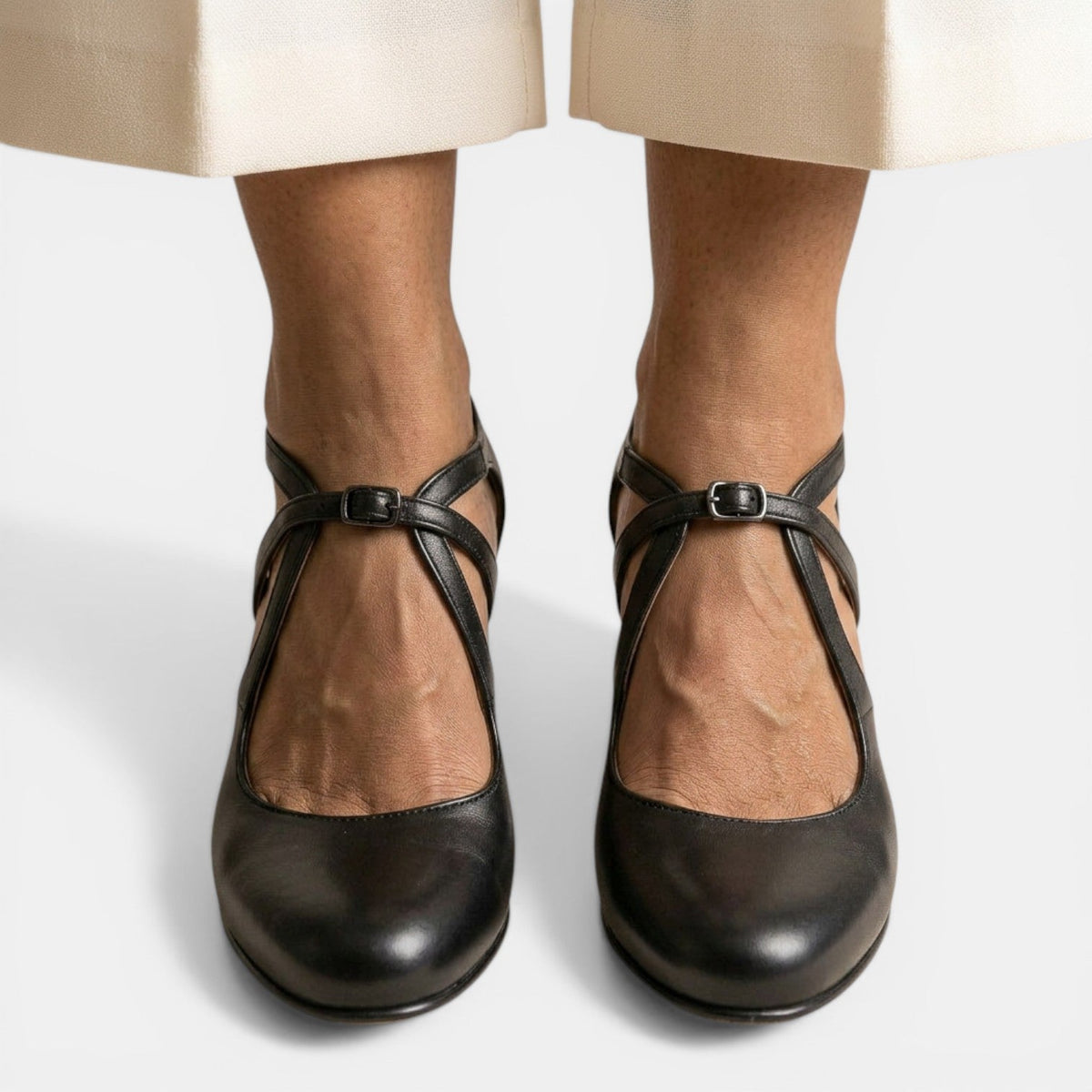 Women's Leather T-Strap Heel Sandals