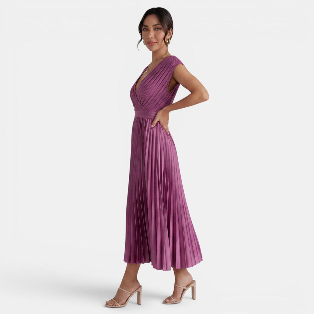 Women's Pleated V-Neck Midi Dress